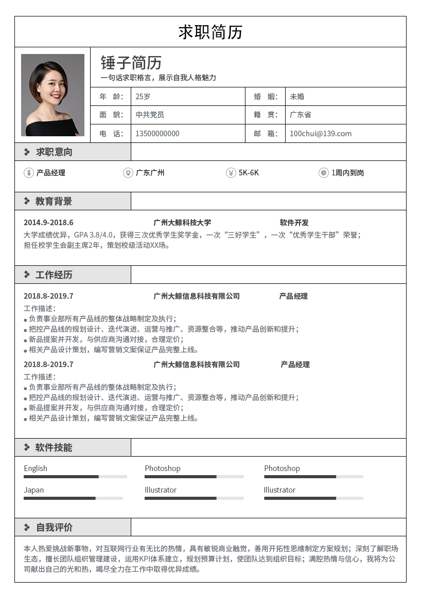 个人求职表格简历模板