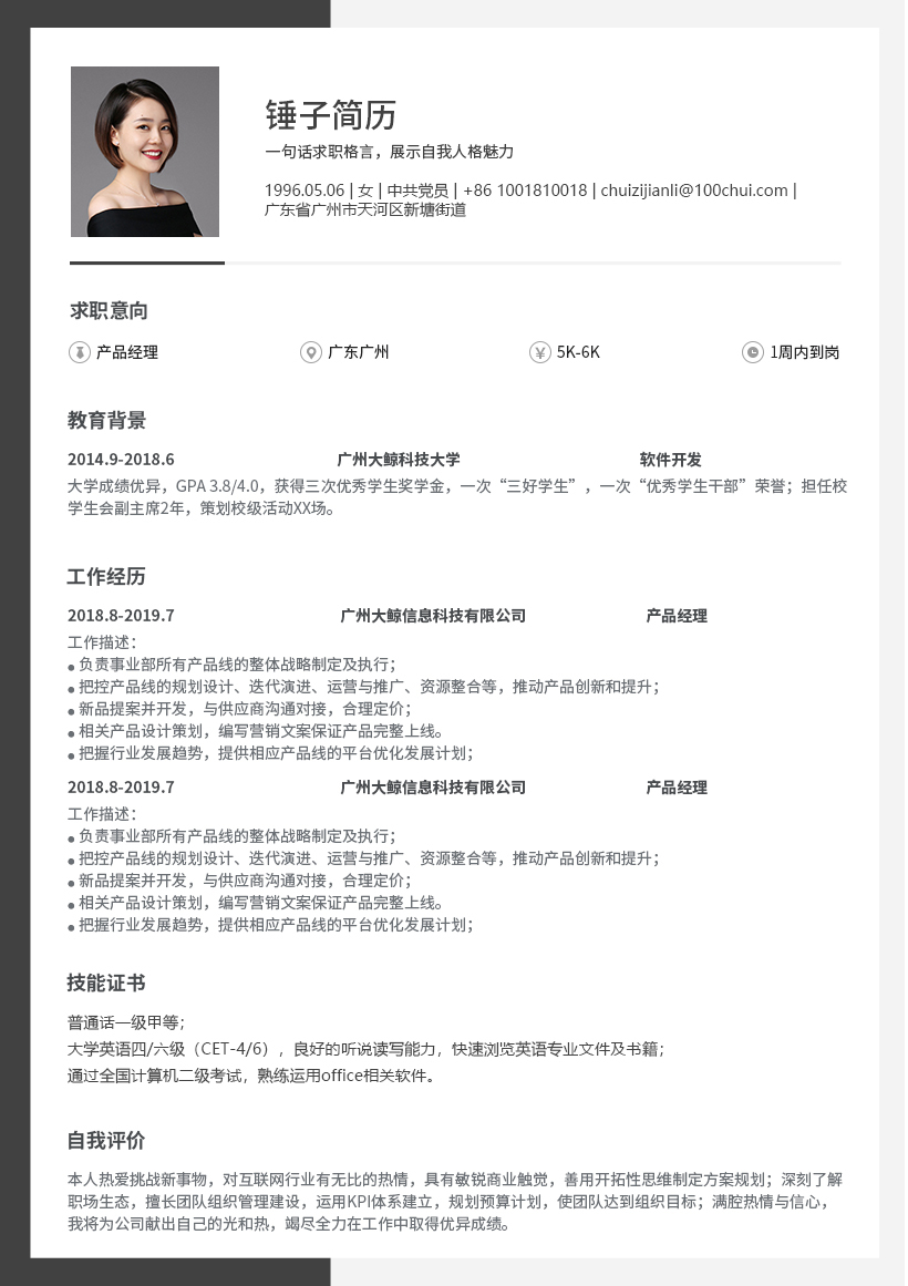 灰色经典简历模板